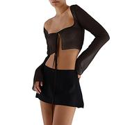SANSIWU Women's Sexy Sheer Front Mesh Cropped Top Cropped Long Sleeve Solid Color Tie Cardigan Low Cut Square Neck Tee (A-Black, L)