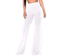 SANSIWU Women's Sheer Mesh Ruffle Pants Swimsuit Bikini Bottom Cover up Party Club Elastic High Waist Wide Leg Beach Pants (A-White, Medium)