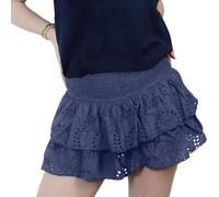 SANSIWU Women's Shirred Mini Skirt Y2k A-Line Pointelle High Waist Layered Ruffle Skirt for Summer Party Club (Navy Blue, S)