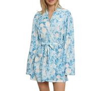 SANSIWU Women's Sleep Robe Lightweight Long Sleeve Lapel Belted Floral Print Short Knit Bathrobe Soft Ladies Sleepwear With Pockets (Blue, L)