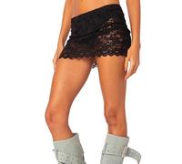 SANSIWU Women's Slim Fit Mini Lace Skirts Y2K Sexy Low Waist See Through Micro Skirts Fashion Solid Color Casual Bodycon Skirts (A-Black, S)