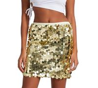 SANSIWU Women's Sparkly Sequins Bodycon Mini Skirts Sexy Side Split Tie Up Low Rise Skirt Fashion Short Hip Party Skirt (C-Gold, M)