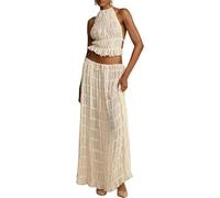 SANSIWU Women's Summer 2 Piece Maxi Skirt Set Y2k Sleeveless Crop Tank Top Vest Flowy Ruffle Long Skirt Outfits Going Out Beachwear (A-Apricot, L)