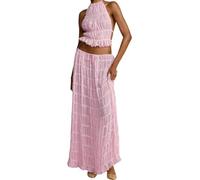 SANSIWU Women's Summer 2 Piece Maxi Skirt Set Y2k Sleeveless Crop Tank Top Vest Flowy Ruffle Long Skirt Outfits Going Out Beachwear (A-Pink, S)