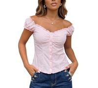 SANSIWU Women's Sweetheart Neck Ruffle Top Button Front Puff Sleeve Off Shoulder Blouse Trendy Cottagecore Ruched T-Shirt (A-Pink, S)