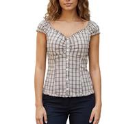 SANSIWU Women's Sweetheart Neck Ruffle Top Button Front Puff Sleeve Off Shoulder Blouse Trendy Cottagecore Ruched T-Shirt (A-Light Brown, S)