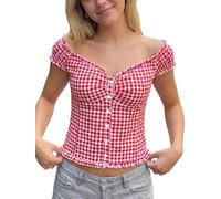 SANSIWU Women's Sweetheart Neck Ruffle Top Button Front Puff Sleeve Off Shoulder Blouse Trendy Cottagecore Ruched T-Shirt (B-Red, S)
