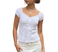 SANSIWU Women's Sweetheart Neck Ruffle Top Button Front Puff Sleeve Off Shoulder Blouse Trendy Cottagecore Ruched T-Shirt (A-White, M)