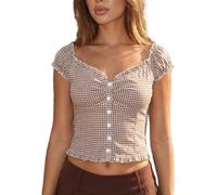 SANSIWU Women's Sweetheart Neck Ruffle Top Button Front Puff Sleeve Off Shoulder Blouse Trendy Cottagecore Ruched T-Shirt (B-Khaki, S)