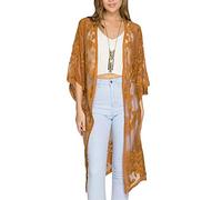 SANSIWU Women's Swim Blouse Sun Protection See Through Sarong Lace Cardigan Kimono Floral Crochet Loose Plus Size Beach Cover-Up (A-Ginger, One Size)