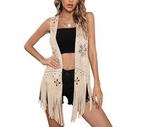 SANSIWU Women's Tassel Vests Vintage Cowgirl Hollow Out Flower Pattern Western Jacket Cardigan 70s Hippie Sleeveless Fringe Waistcoat (Ivory, XL)