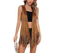SANSIWU Women's Tassel Vests Vintage Cowgirl Hollow Out Flower Pattern Western Jacket Cardigan 70s Hippie Sleeveless Fringe Waistcoat (Brown, XL)