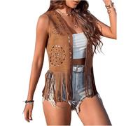 SANSIWU Women's Tassel Vests Vintage Cowgirl Hollow Out Flower Pattern Western Jacket Cardigan 70s Hippie Sleeveless Fringe Waistcoat (C-01, L)