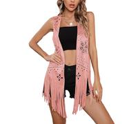 SANSIWU Women's Tassel Vests Vintage Cowgirl Hollow Out Flower Pattern Western Jacket Cardigan 70s Hippie Sleeveless Fringe Waistcoat (Pink, XL)