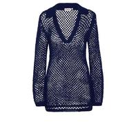 SANSIWU Women's Tie Front Crochet Cover Up Short Dress Flared Long Sleeves Hollow Out Beachwear Summer Semi Sheer Bathing Suit (B-DEEP Blue, S)