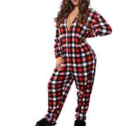 SANSIWU Women's V Neck Cute Sherpa Romper Fleece Onesie Pajama One-Piece Zipper Romper Sexy One Piece Jumpsuit Sleepwear with Pockets (F-Lattice, XL)