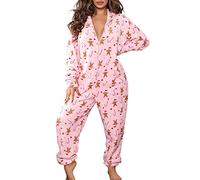 SANSIWU Women's V Neck Cute Sherpa Romper Fleece Onesie Pajama One-Piece Zipper Romper Sexy One Piece Jumpsuit Sleepwear with Pockets (F-Pink, L)