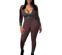SANSIWU Women's V Neck Cute Sherpa Romper Fleece Onesie Pajama One-Piece Zipper Romper Sexy One Piece Jumpsuit Sleepwear with Pockets (A-Red and Green, XL)