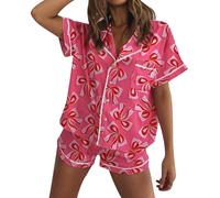 SANSIWU Women's Valentine's Day Satin Pajamas Y2k Short Sleeve Heart/Bow/Strawberry Print Shirt Shorts 2pcs Sleepwear Sets Loungewear (Brown, S)