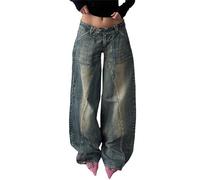 SANSIWU Women's Vintage Washed Denim Pant Low Waist Wide Leg Full Length Baggy Jeans Zip Fly Button Up Loose Fit Straight Trousers (A-Blue, L)
