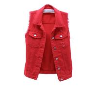 SANSIWU Womens Vintage Washed Denim Vest Solid Color Sleeveless Lapel Button Down Jean Waistcoat Lightweight Cardigan Jacket Tank Tops (Red A, L)