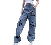 SANSIWU Womens Y2K Baggy High Waist Straight Wide Leg Ripped Jeans ButterflySolid Color Wide Leg Casual Streetwear Denim Pants (A-Blue, Small)