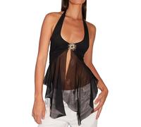 SANSIWU Women's Y2K Lace Halter Cami Tops Sleeveless Backless Going Out Top Sexy Mesh See Through Crop Camisole