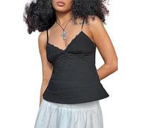 SANSIWU Women's Y2K Lace V Neck Camis Spaghetti Straps Sleeveless Tank Cropped Tops Cute Fairy Lace Trim Camisole (A-Black, S)