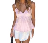 SANSIWU Women's Y2K Lace V Neck Camis Spaghetti Straps Sleeveless Tank Cropped Tops Cute Fairy Lace Trim Camisole (A-Pink, L)