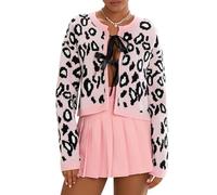SANSIWU Women's Y2k Leopard Print Sweater Cardigan Bow Tie Front Cheetah Crop Cardigan Long Sleeve Knit Sweater Coat Outwear (A-Pink, L)