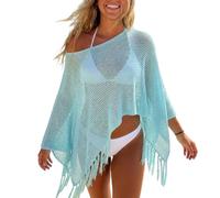 SANSIWU Womens Y2K Sheer Poncho Shrug Summer Fringe Hem Off Shoulder See-through Mesh Knit Poncho Crochet Cape Beach Cover Ups (Light Blue, L)