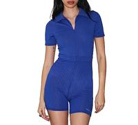 SANSIWU Women's Y2K Short Sleeve Shorts Jumpsuit V-Neck Button-Up Bodycon Romper Skinny Lapel Bodysuit Playsuit One Piece E-Girl Streetwear (K-Blue, M)