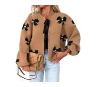 SANSIWU Women's Y2K Tie Front Bow Cardigan Sweaters Beads Bow Long Sleeve Knit Jacket Open Front Pearls Decor Sweater Short Coats (Khaki, XL)