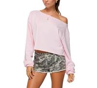 SANSIWU Women's Y2k Vintage Striped Sweatshirt Off Shoulder Long Sleeve Color Block Jumper Grunge Top Harajuku 90s Streetwear (Pink, S)