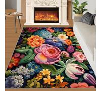 SANSJI Colorful Flowers Rugs for Girls Bedroom 80x120 cm, Non-Slip Washable Floral Design Area Rug for Women, Soft Low-Pile Botanical Carpet, Black Boho Style