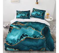 SANSJI King Size Duvet Cover Set, Teal Marble Microfiber Bedding with 2 Pillowcases, Gold Crack Breathable Comforter Cover, Abstract Metallic Quilt Cover for All Seasons, Luxury Shiny Fluid Design