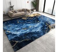 SANSJI Royal Blue Gold Marble Rug, Abstract Simple Creativity Machine Washable Floor Carpet, Soft and Plush Mats for Living Room Bedroom 120 x 170 cm