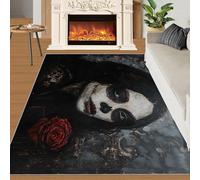 SANSJI Sugar Skull Girl Rug 60x90 Area Rugs, Red Roses Rugs for Entryway, Day of The Dead Kitchen Rugs Non Slip Washable, Gothic Women Easy Care Pile Carpet for Bathroom Entrance