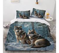 SANSJI Winter Wolf King Size Duvet Cover Sets, Woodland Landscape Microfiber Bedding Set with 2 Pillowcase, Wolf Family Breathable Comforter Cover for All Seasons, Natural Forest Quilt Cover