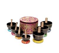 Sanskar Nepal - Tibetan Singing Bowl Set of 7, Handcrafted Singing Bowl for Meditation & Holistic Healing, Yoga Accessories, 3-5” Black Singing Bowls with Wooden Striker, Cushion & Purple Carry Box