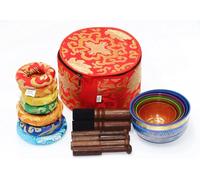 Sanskar Nepal - Tibetan Singing Bowl Set of 7, Handmade Singing Bowl for Meditation & Holistic Healing, Yoga Accessories, 3-5” Multicolored Singing Bowls with Wooden Striker, Cushion & Red Carry Box