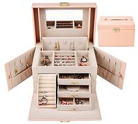 SANSREPONSE Jewelry Box Large Luxurious Accessory Case Accessory Storage Accessory Box with Lock Mirror Earrings Necklace Ring Rests Gift for Women (M.Light Pink)