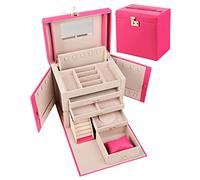 SANSREPONSE Jewelry Box Large Organizer Faux-Leather with Mirror Drawers Lock Three Sizes Gift for Women (L.Hot Pink)