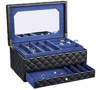 SANSREPONSE Wooden Extra Large Jewelry Box Organizer Luxurious Faux-Leather with Drawer Trays Mirror Earrings Necklace Ring Rests Gift for Women (Black)
