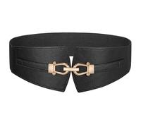 SANSTHS Black Ladies Belts for Dresses Wide Elastic Waist Belt with Leather Gold Buckle Elegant for Dress Sweater Coat All Occasions Black L