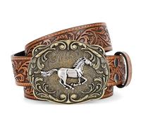 SANSTHS Brown Cowboy Belt Men and Women Floral Embossing Wild Horse Western Buckle Leather Belt for Jeans Cowgirls Outfit Birthday Gift Horse Brown XXL