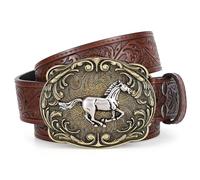SANSTHS Brown Western Leather Belt for Men Women Floral Engraved Cowboy Buckle Belt Horse Texas Bull Buckle Black 110cm Cowgirl Outfit Men’s Accessories Horse Coffee XXL