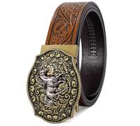 SANSTHS Cowboy Belt Brown Western Embossed Leather Ratchet Belt for Men with Adjustable Buckle Halloween Christmas Cowboy Cowgirl Gifts 46''-52'' L