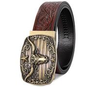 SANSTHS Cowboy Belt Embossed Leather Ratchet Belt for Men with Automatic Adjustable Western Buckle Dark Brown Coffee Cowboy Cowgirl Christmas 33''-38'' S