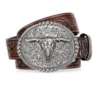 SANSTHS Cowboy Belts for Men Women, Western Leather Belt with Big Buckles Mexican Country Black Longhorn Bull Belt for Jeans, Brown/Silver Bull Buckle, 43"-46" Wasit Adjustable